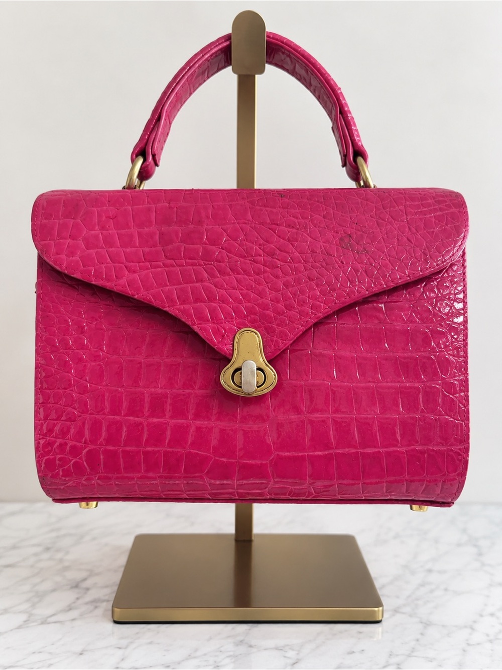 Croc-Embossed Top Handle Bag in Fuchsia